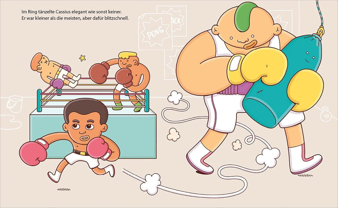 Illustration aus dem Bilderbuch Muhammad Ali zeigt den jungen Boxer beim Training im Ring mit seinem Coach.