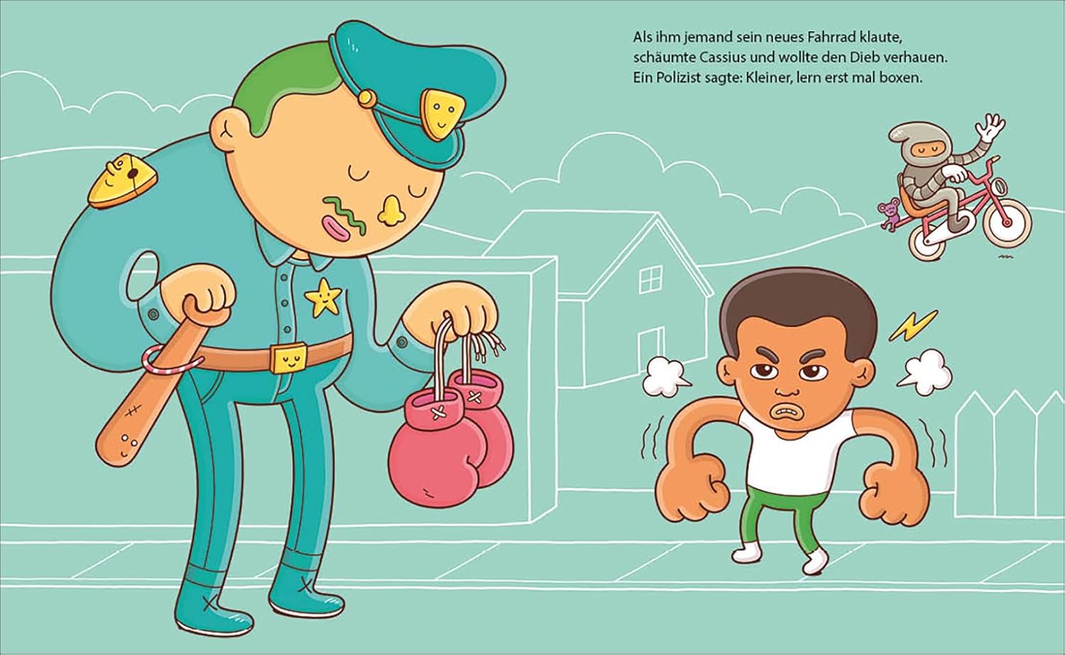 Illustration aus der Kinderbiografie Muhammad Ali zeigt einen wütenden Muhammad. Ein Polizist hält seine roten Boxhandschuhe in der Hand.