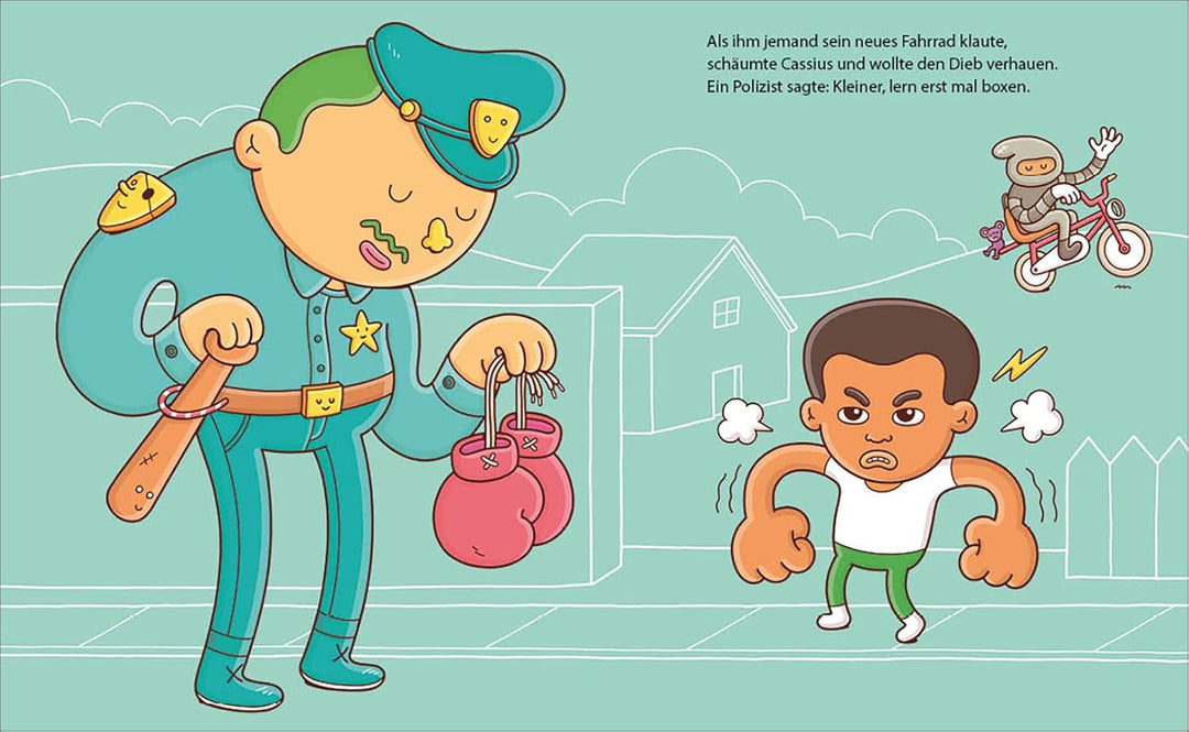 Illustration aus der Kinderbiografie Muhammad Ali zeigt einen wütenden Muhammad. Ein Polizist hält seine roten Boxhandschuhe in der Hand.