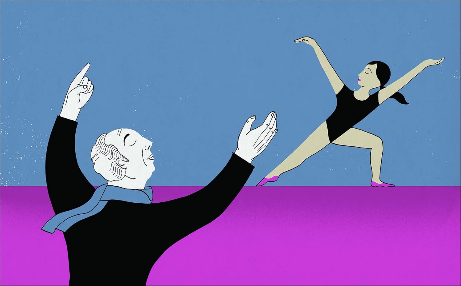 Die Illustration zeigt Pina Bausch beim Ballett. Ein Lehrer zeigt ihr, was sie machen soll.