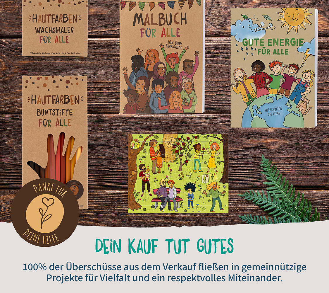 Das Bild zeigt eine Sammlung von Hautfarben-Produkten, darunter Stifte, Malbücher und Puzzle.