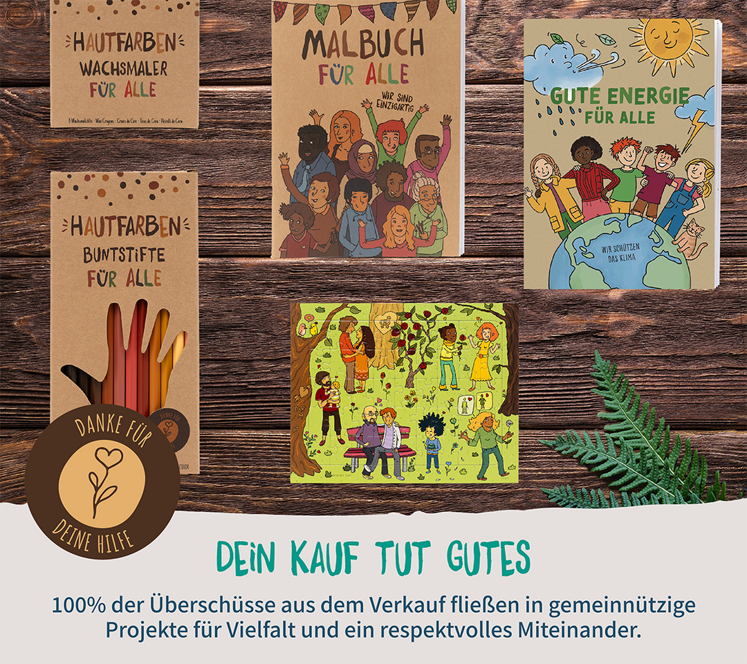 Das Bild zeigt eine Sammlung von Hautfarben-Produkten, darunter Stifte, Malbücher und Puzzle.