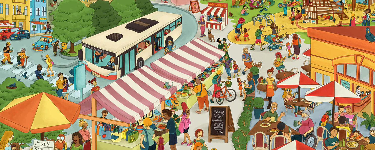 Seite aus dem Wimmelbuch vom Ulila Verlag. Es sind viele Menschen unterschiedlicher Hautfarbe auf dem Markt, im Cafe und auf dem Spielplatz zu sehen.