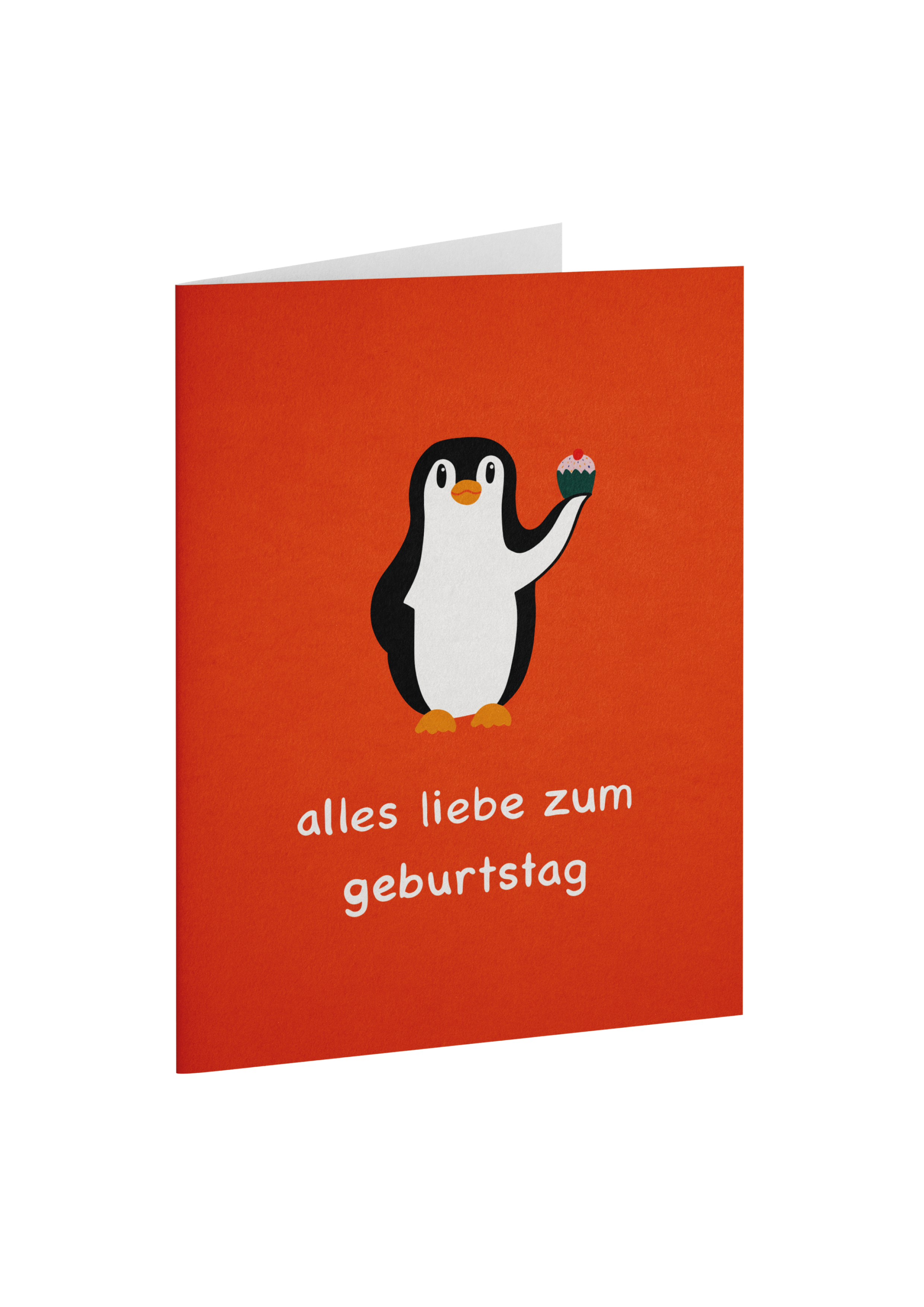 Grußkarte mit Tiermotiv zum Geburtstag. Illustriert wird ein Pinguin mit einem Muffin in der Hand auf rotem Hintergrund. Darunter steht der Schriftzug "Alles Liebe zum Geburtstag".