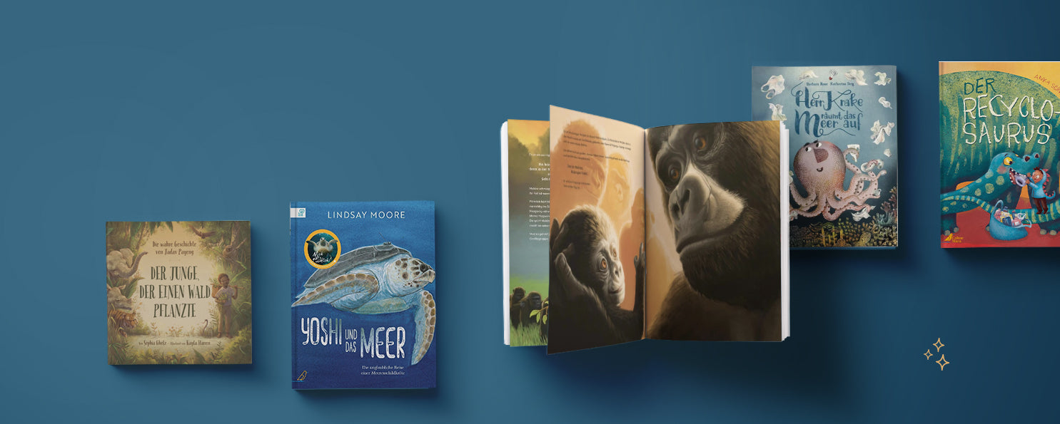 Kinderbücher zu Natur- und Umweltthemen, darunter Bücher über Schildkröten, Gorillas und Meeresbewohner.