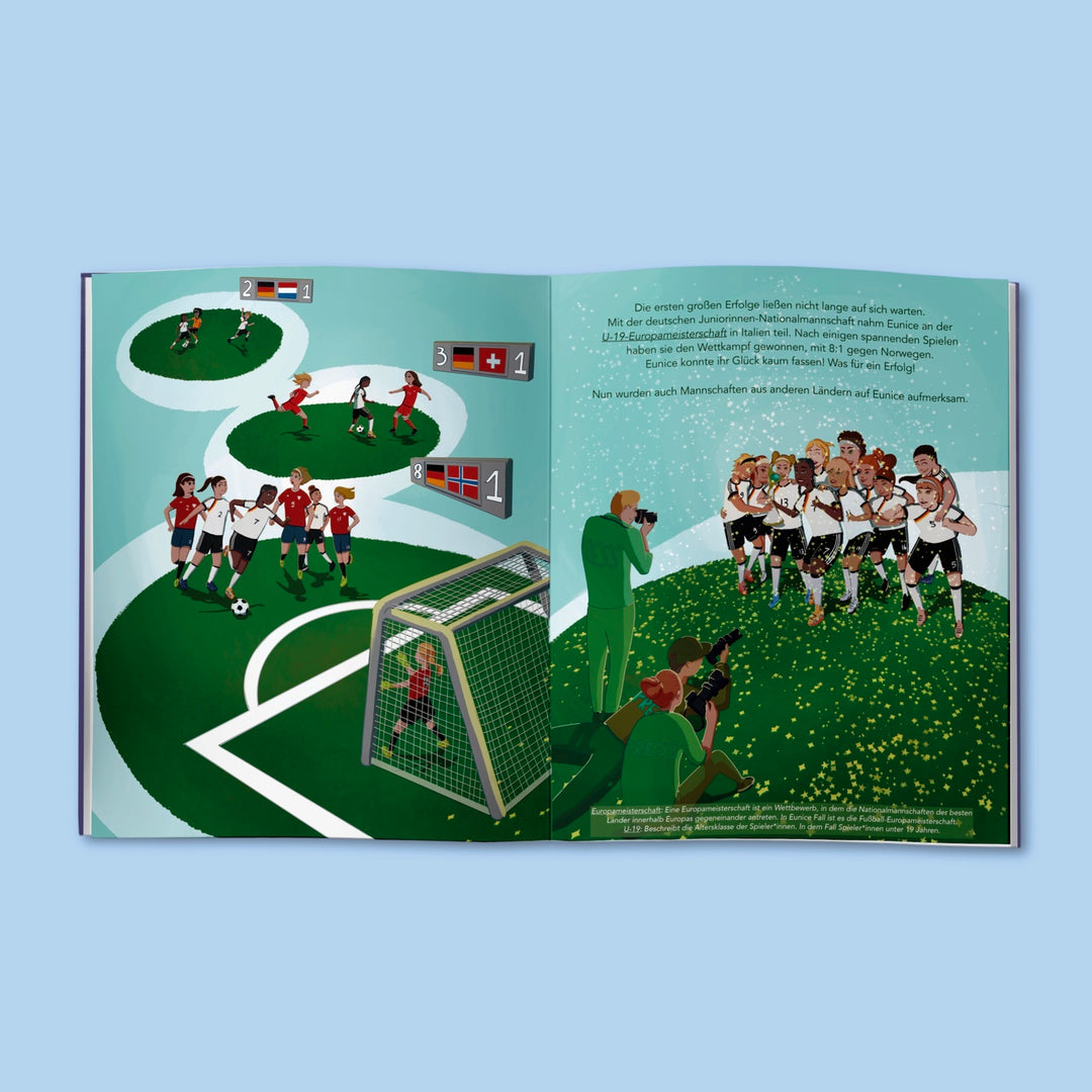 Auf der linken Seite der Doppelseite des Kinderbuchs sind illustriert drei Fußballturniere zu sehen. Auf der rechten Seite steht eine Fußballmanschaft zusammen und feiert den eigenen Sieg und vor der Mannschaft sind 3 Fotografen und fotografieren.