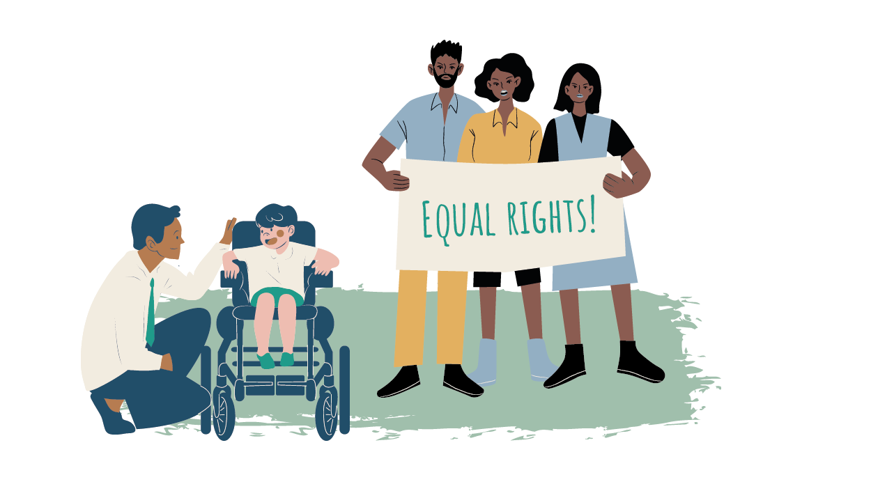 Eine Illustration zeigt zwei Menschengruppen als Buntstifte-Zeichnung - Eine Gruppe hält ein Banner mit der Aufschrift 'Equal Rights'