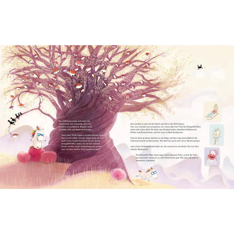 Seite aus dem Buch "Das NEINhorn und der Geburtstag" zeigt einen Baum als Ort der Reflexion. Mit tollen Illustrationen für Kinder ab 4 Jahren.