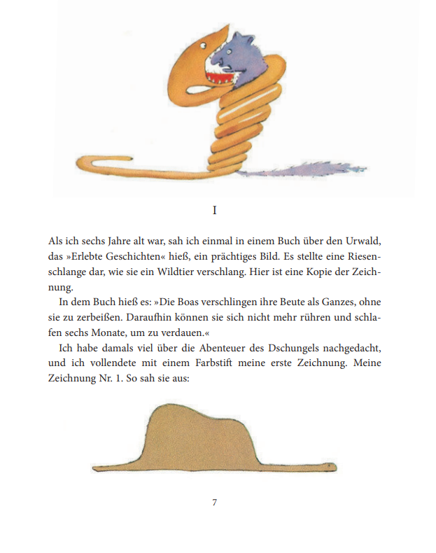 Eine Seite aus dem Buch "Der kleine Prinz". Illustriert wird eine Schlange dargestellt, die sich um eine Maus wickelt und den Mund weit geöffnet hat.