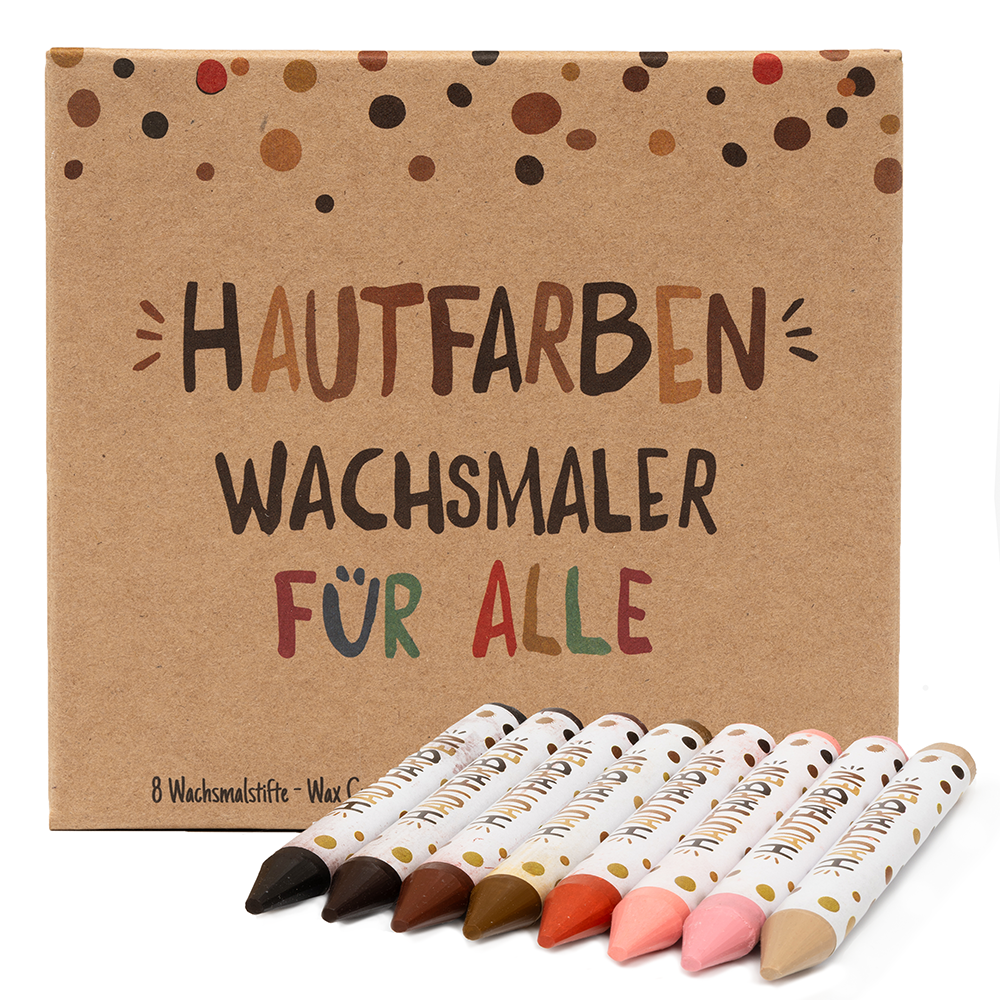 Eine Packung mit acht dicken Wachsmalstiften in verschiedenen Hautfarben, genannt “Hautfarben Wachsmaler für Alle”. Die Wachsmalstifte sind auf der Verpackung vor einem braunen Hintergrund angeordnet. Diese Wachsmaler eignen sich zum Malen und fördern Vielfalt durch verschiedene Hauttöne.