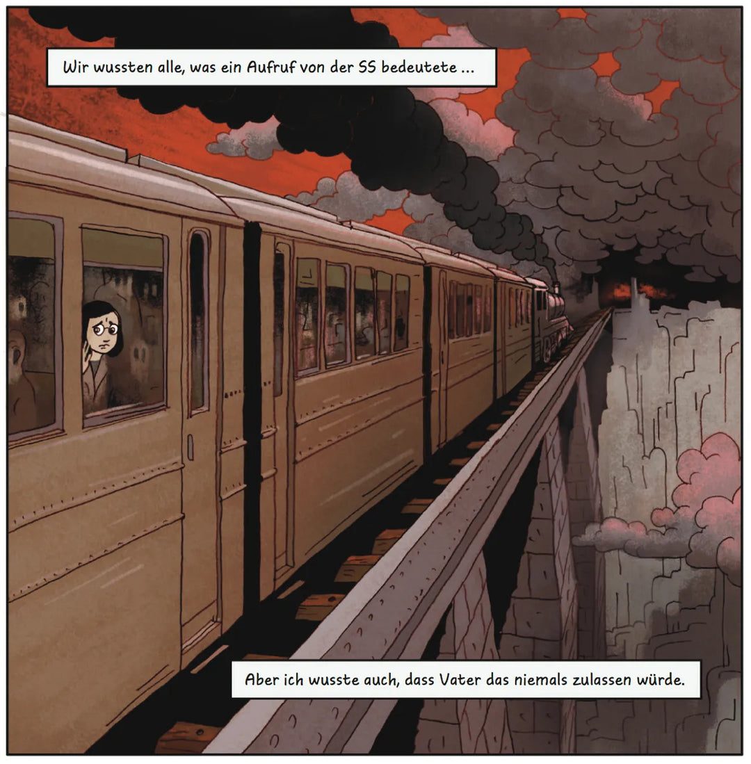 Ausschnitt aus dem Graphic Novel Das Tagebuch der Anne Frank. Eine digitale Zeichnung zeigt einen Zug. Aus dem Fenster des Zuges schaut eine Person. Über dem Zug sind dunkle Rauchwolken zu erkennen.