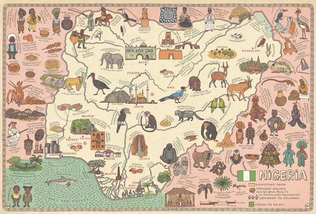 Eine illustrierte Karte Nigerias mit verschiedenen Tieren und Gebäuden. Außerdem eine Illustration der nigerianischen Flagge und ein paar Menschen die Einwohner Nigerias darstellen sollen. 