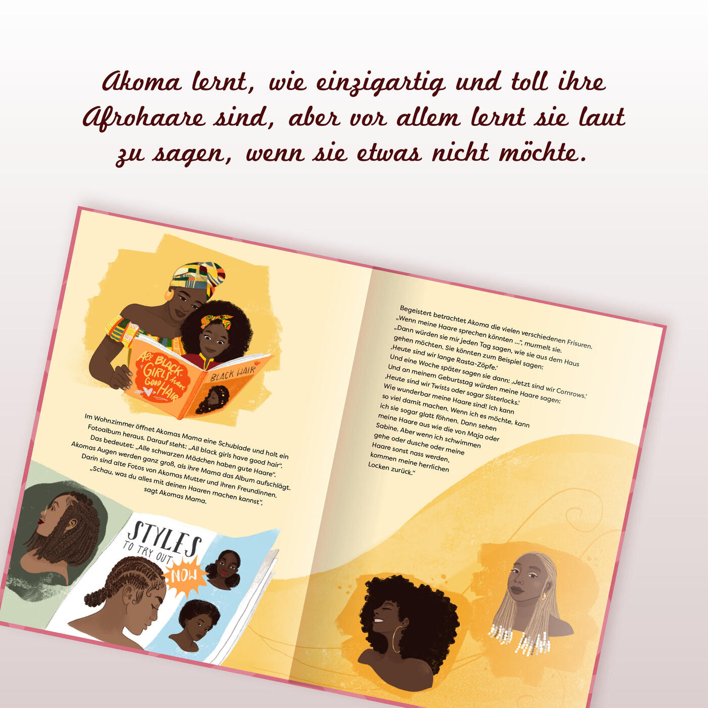 Zu sehen ist das aufgeschlagene Kinderbuch "Wenn meine Haare sprechen könnten" Die Seiten zeigen links die Illustrationen von einer Frau mit Kind die gemeinsam in ein Buch gucken. Auf der rechten Seite sind zwei Frauen mit unterschiedlichen Frisuren zu sehen. 