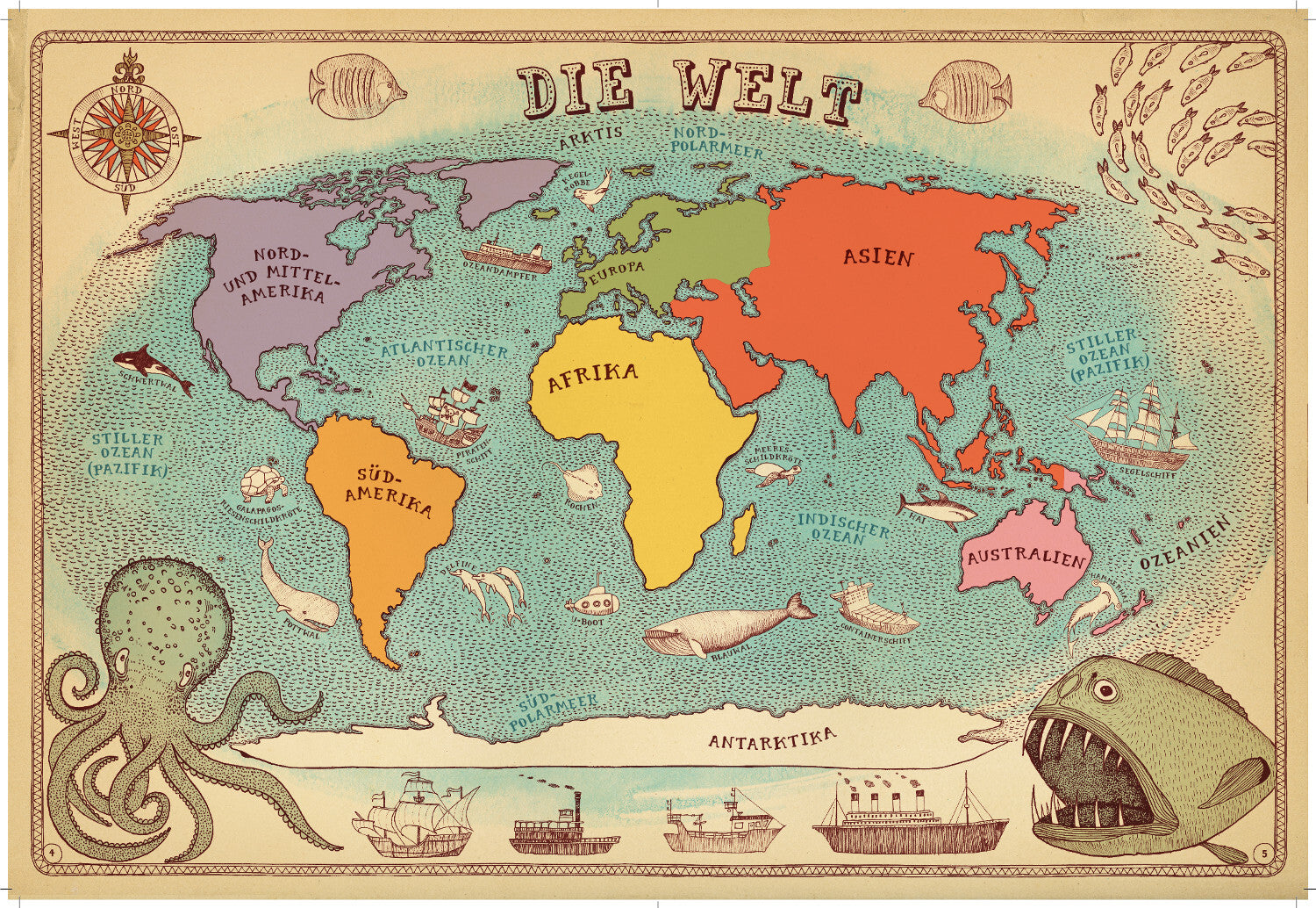 Eine alte Weltkarte mit Tieren und Schiffen. Eine historische illustrierte Darstellung der Welt mit Tier- und Seefahrtsmotiven. Eine große Krake links in der Ecke und rechts ein Fisch mit scharfen Zähnen. 