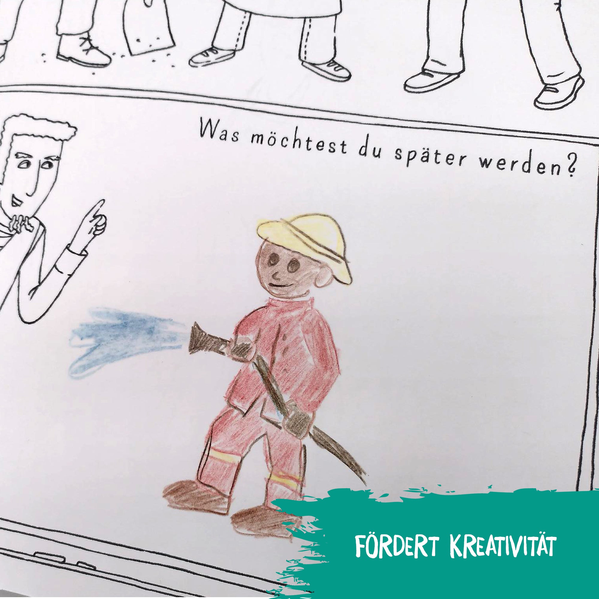 Seite aus dem Malbuch für alle zeigt ein Bild eines Feuerwehrmanns, das ein Kind selbst gemalt hat. Ideal als Kindermalbuch für Kleinkinder.