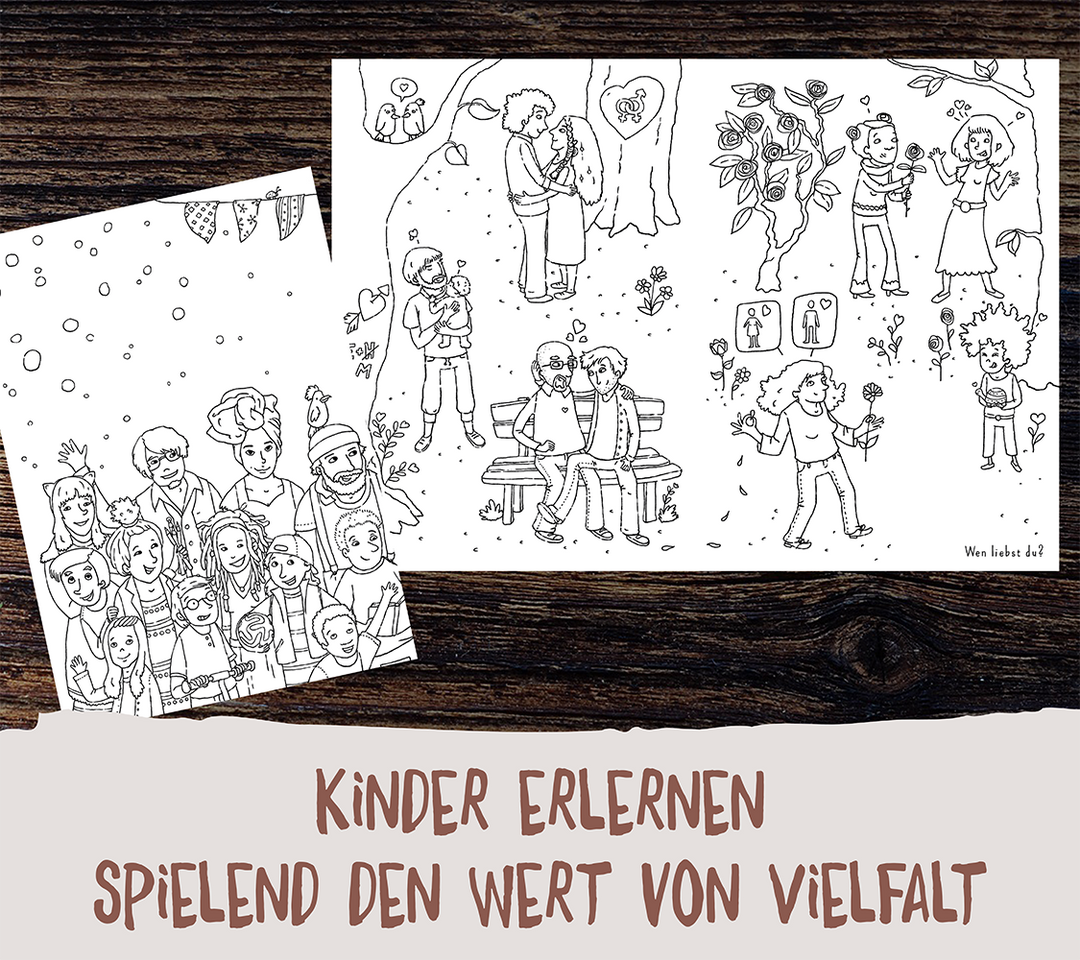 Seiten aus dem Malbuch für alle, das spielerisch den Wert von Vielfalt vermittelt, ideal als Kindermalbuch zum Ausmalen.