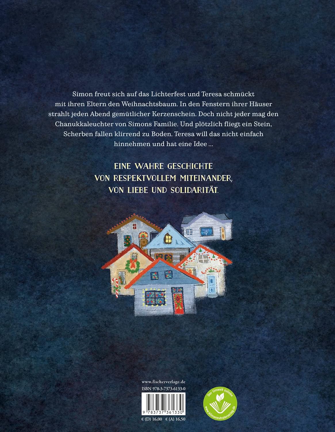 Rückseite von dem Kinderbuch Für jeden ein Licht. Hier sind graphisch kleine bunte Häuser illustriert. Der Hintergrund ist dunkelblau.