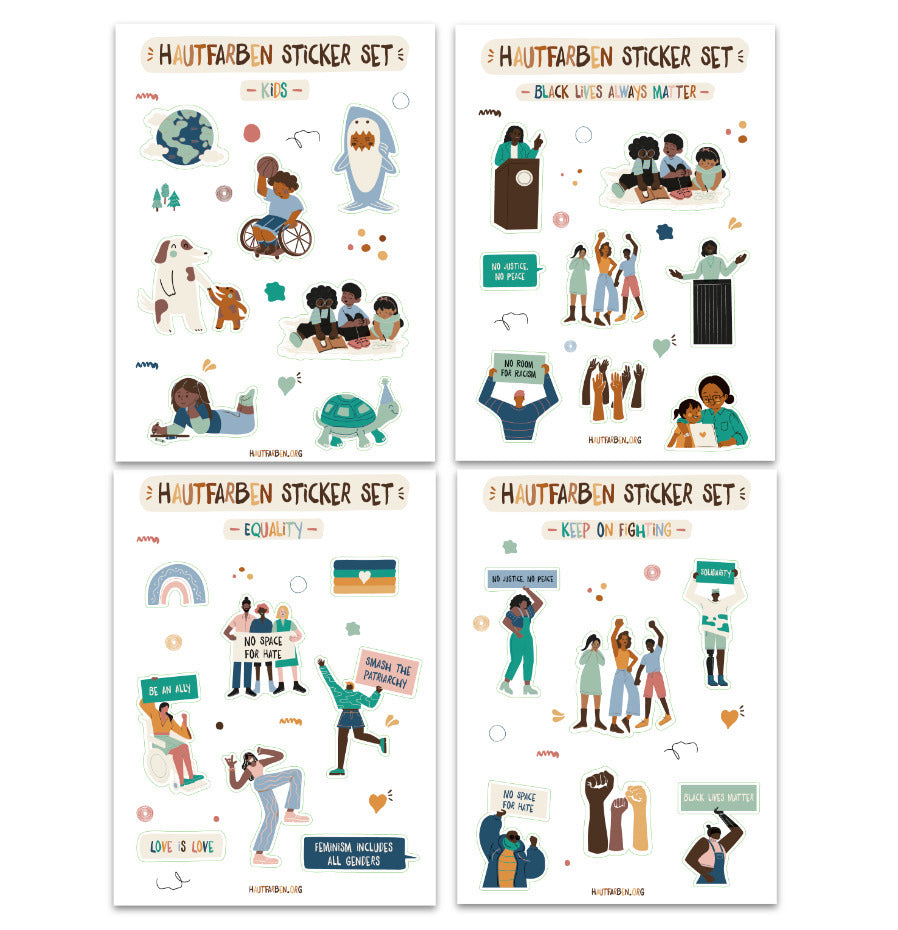 Hautfarben Sticker-Set mit den Seiten "Kids", "Black lives always matter", "equality" und "keep on fighting" mit wunderschön illustrierten Stickern.