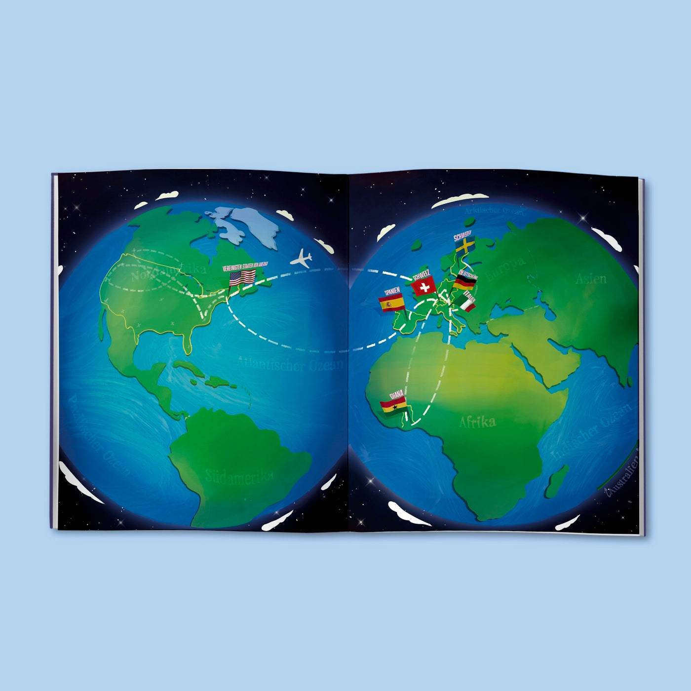 Auf der Doppelseite des Kinderbuchs sind sowohl links als auch rechts Illustrationen der Erde zu sehen. Links mit Blick auf Nord- und Südamerika. Rechts mit Blick auf Europa, Afrika und Asien. Es sind die Flaggen von verschiedenen Ländern eingezeichnet und Flugwege zwischen diesen Ländern. 