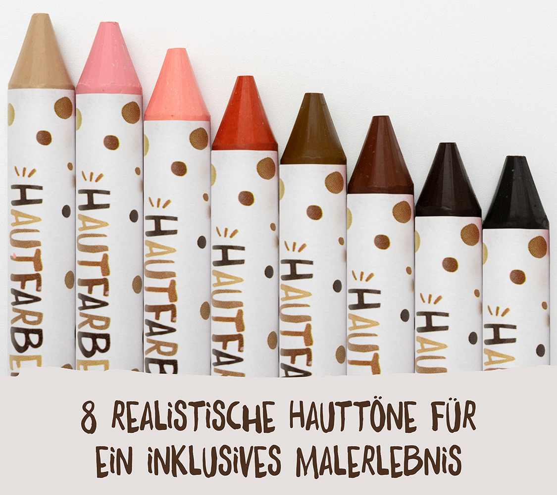 8 dicke Hautfarben-Wachsmalstifte in verschiedenen Tönen für ein inklusives Malerlebnis, ideal für Kinder ab 3 Jahren.