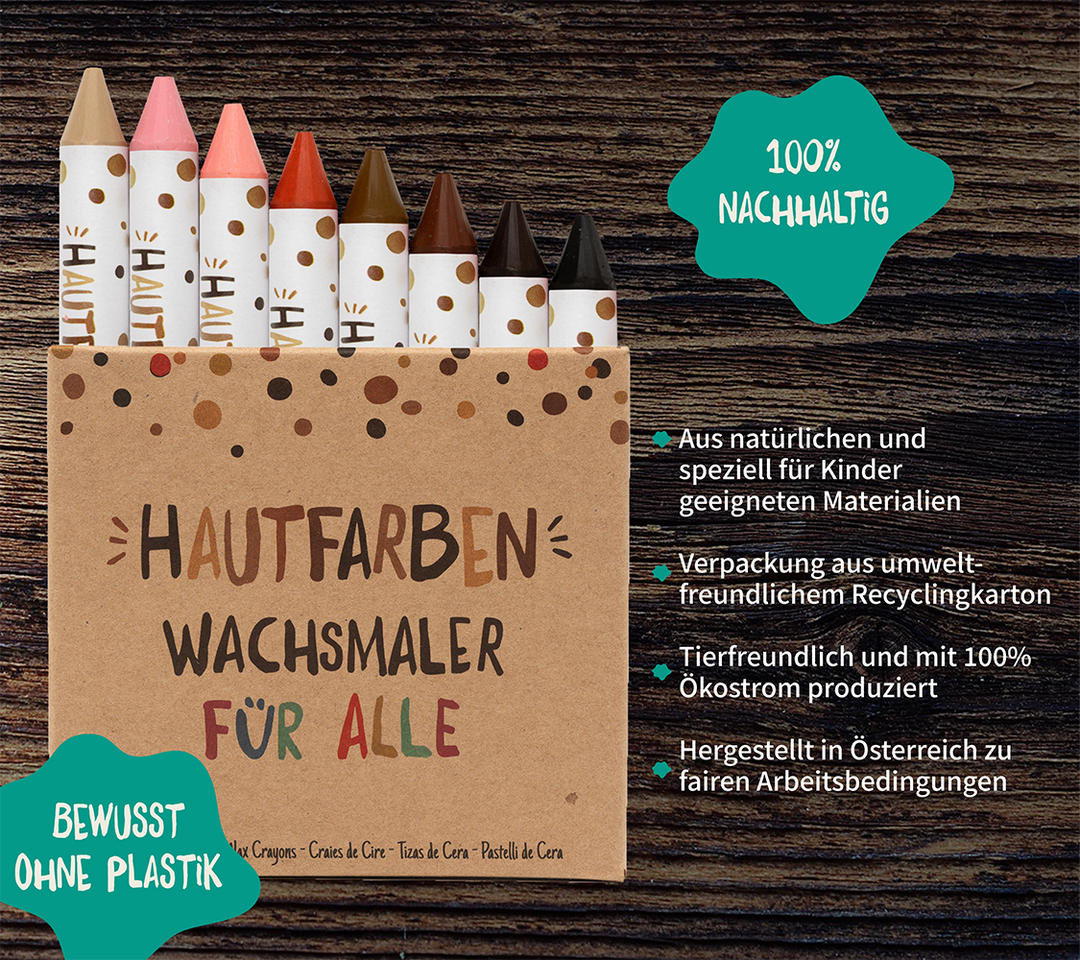 Schachtel mit 8 dicken Hautfarben-Wachsmalstiften aus nachhaltiger Herstellung und plastikfrei, ideal zum Malen für Kinder, hergestellt in Österreich.