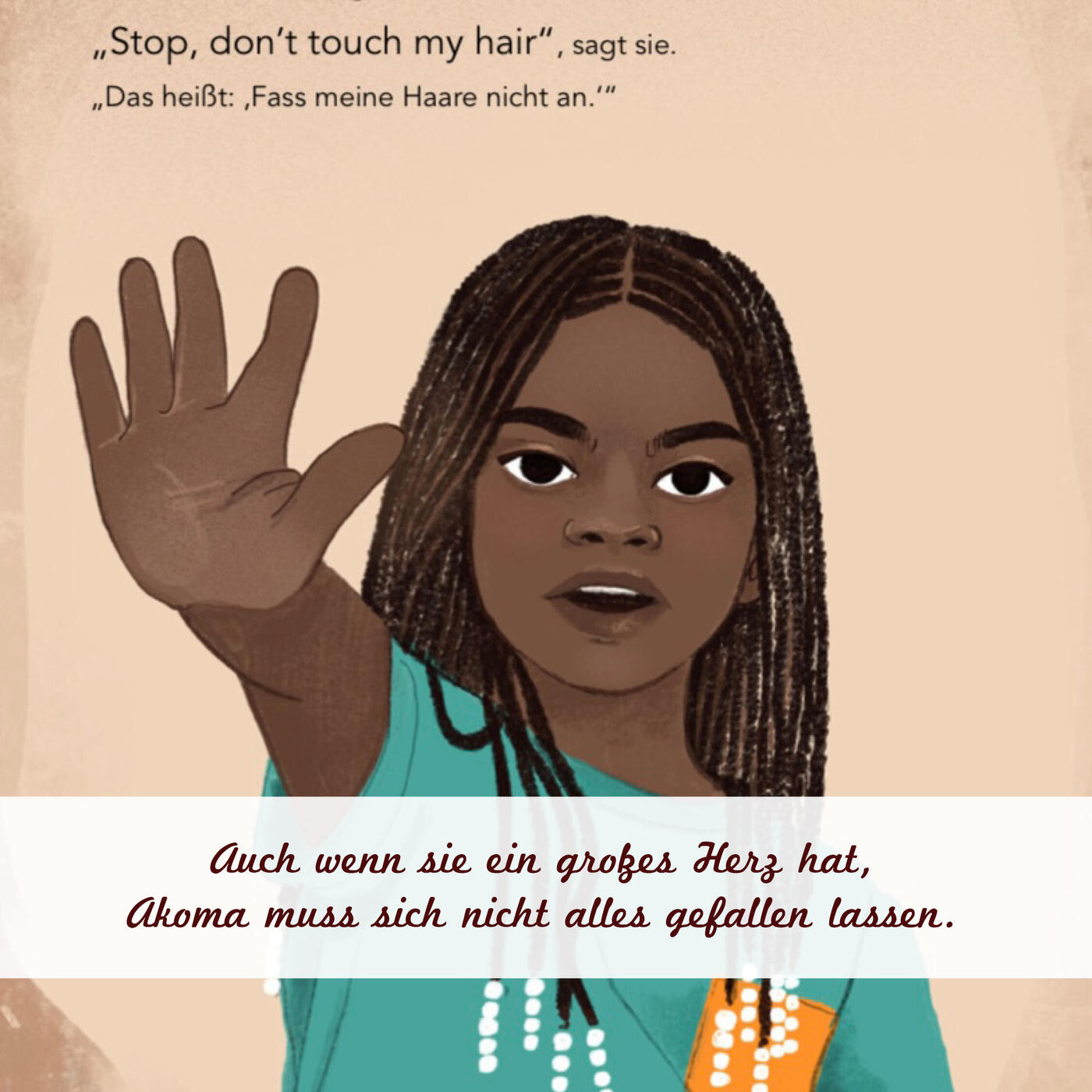 Die Illustration von einem schwarzen Mädchen, was einen Arm und die Hand nach vorne streckt. 
