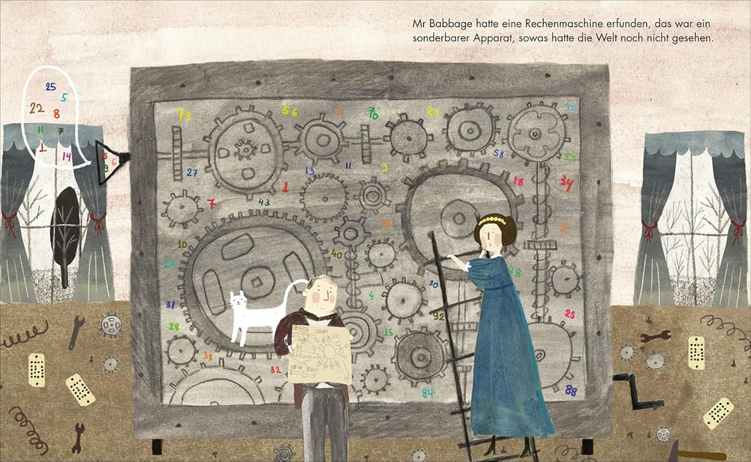 Ada Lovelace bespricht mit Charles Babbage eine Rechenmaschine. Diese Szene gehört zu den Schlüsselmomenten in ihrer Biografie.