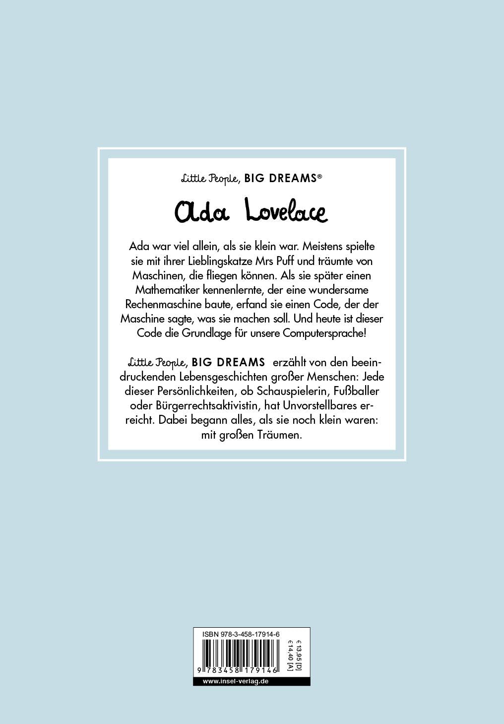 Die Rückseite präsentiert im weißen Textfeld die wichtigsten Stationen aus dem Leben von Ada Lovelace. Das Buch zeigt ihre Biografie für junge Leser:innen.