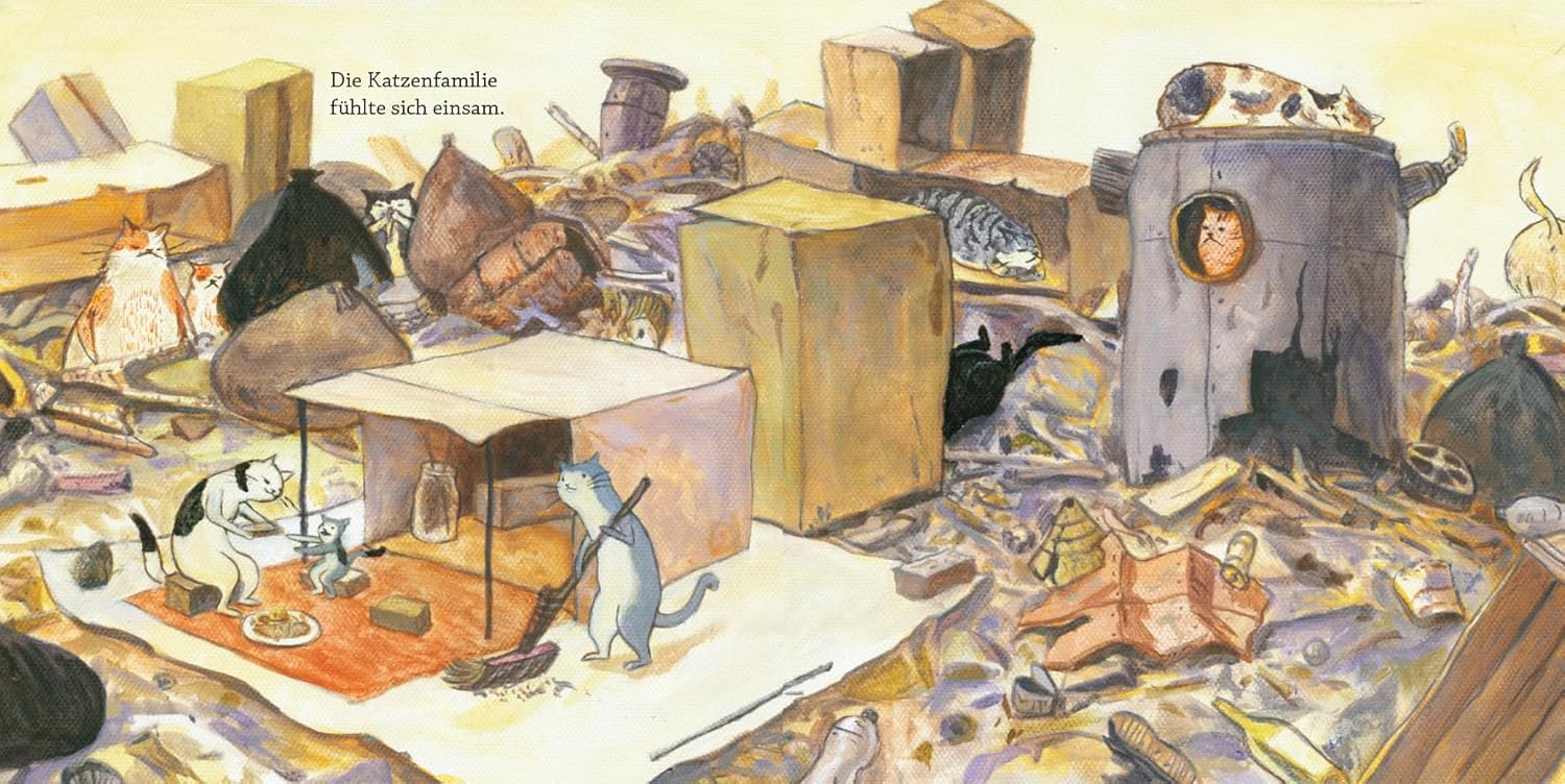 Illustration aus dem Kinderbuch "Als die Katzen die Insel verließen" zeigt ein Dorf voller Müllberge. Die Katzen leben im Müll und sehen unglücklich aus.