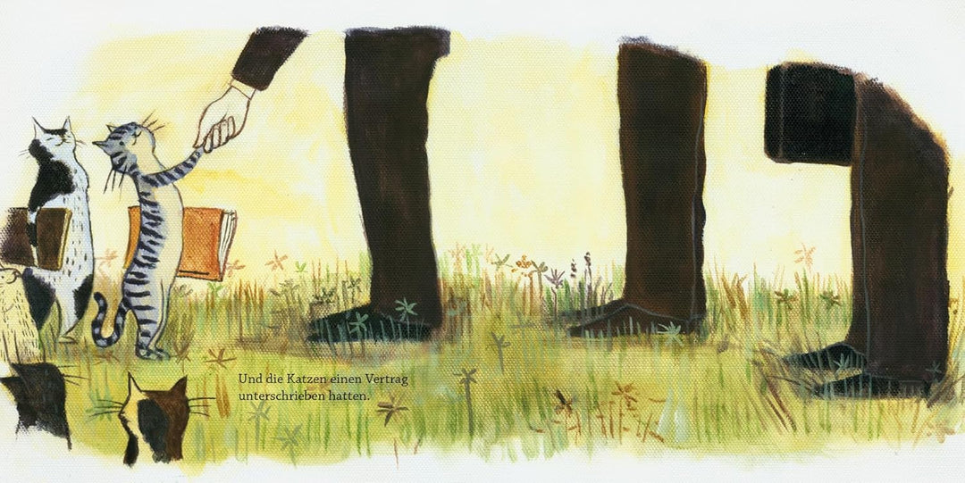 Doppelseite aus der Kindererzählung "Als die Katzen die Insel verließen" zeigt eine Illustration von Katzen, die einen Vertrag mit den Menschen schließen.