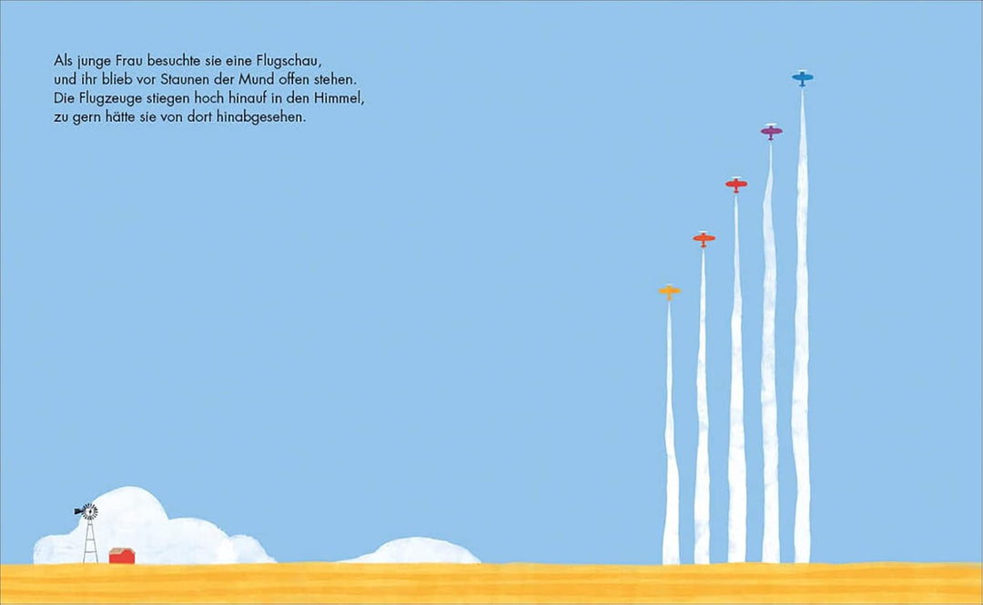 Doppelseite aus dem Kinderbuch über Amelia Earhart mit Flugzeugen, die in Formation am Himmel fliegen.