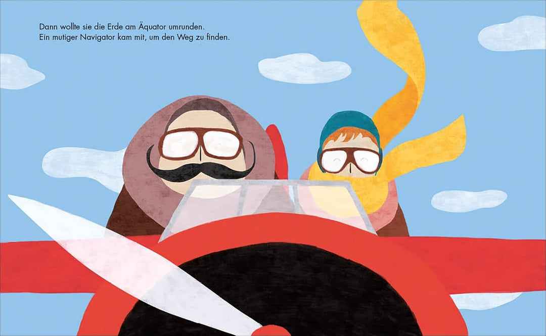 Illustration aus der Amelia Earhart Biografie zeigt Amelia und einen Co-Piloten im Cockpit mit Fliegerbrillen und Schal.