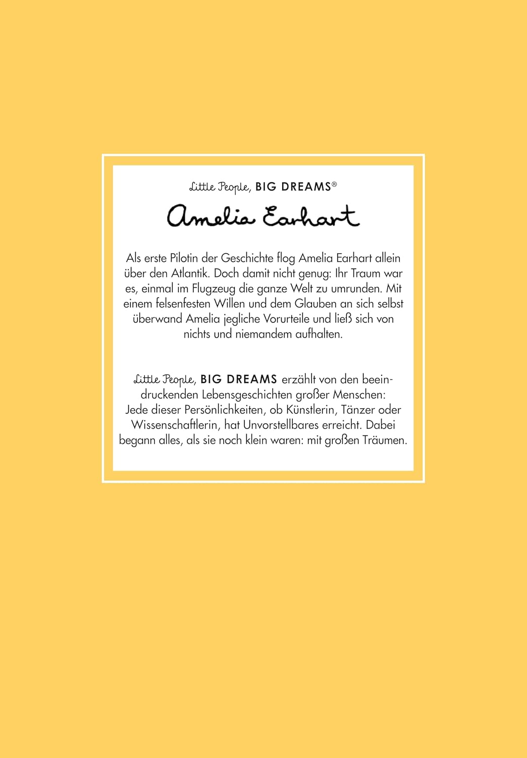 Rückseite des Kinderbuchs über Amelia Earhart mit Kurzbeschreibung der Geschichte.