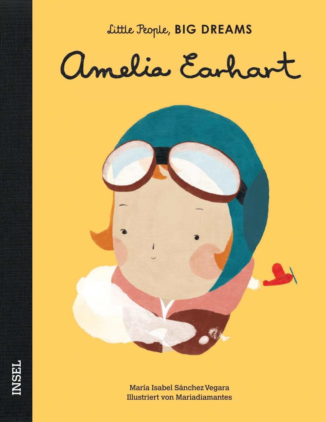 Kinderbuch über Amelia Earhart aus der Reihe Little People, Big Dreams mit Illustration der Pilotin im blauen Helm und rotem Schal.