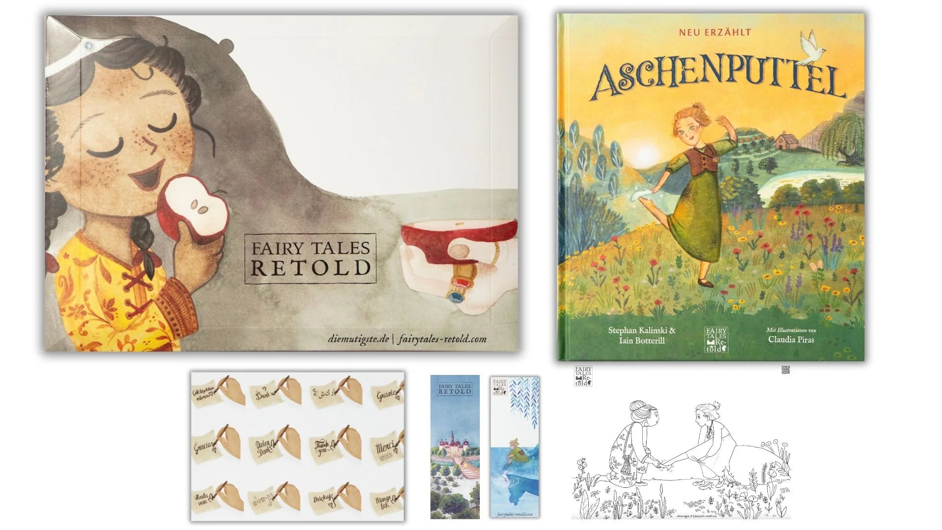 Fairy Tales Retold "Aschenputtel". Set aus Kinderbuch, Lesezeichen, Stickern und Malvorlage.