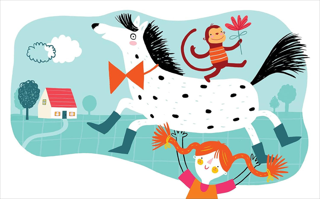 Seite aus der Astrid Lindgren Biografie. Die Illustration zeigt Pippi Langstrumpf mit ihrem Affen und dem Pferd.