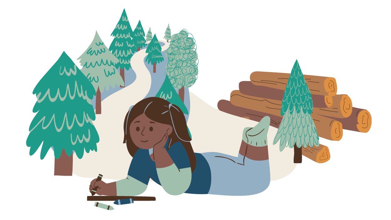 Bäume, Holzstämme und ein Mädchen mit Hautfarben-Wachsmalstiften in einer digitalen Illustration.