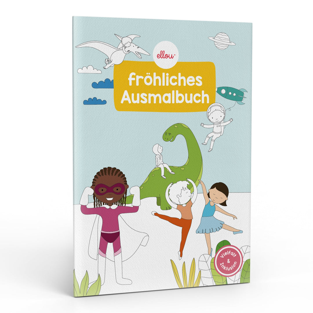 Cover des Ausmalbuchs mit illustrierten Kindern in verschiedenen Posen und einem grünen Dinosaurier.