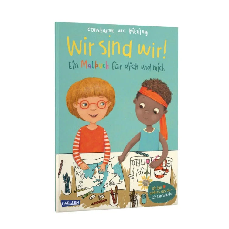 Cover des Malbuchs "Wir sind wir!". Die Illustration zeigt zwei Kinder unterschiedlicher Hautfarbe, die gemeinsam malen.