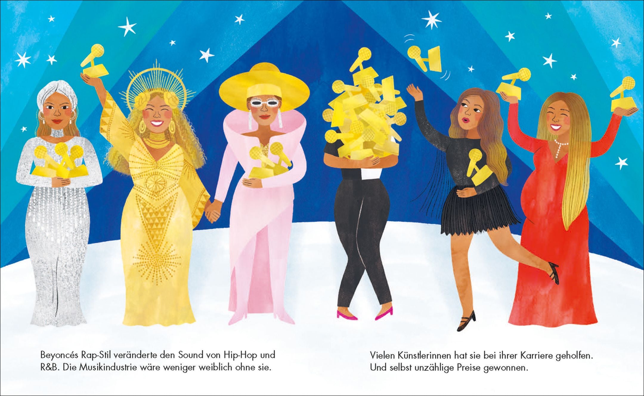 Illustriert wird eine Doppelseite aus dem Kinderbuch über "Beyonce" dargestellt. Zu sehen sind sechs Frauen, die viele goldene Preise in den Händen halten.