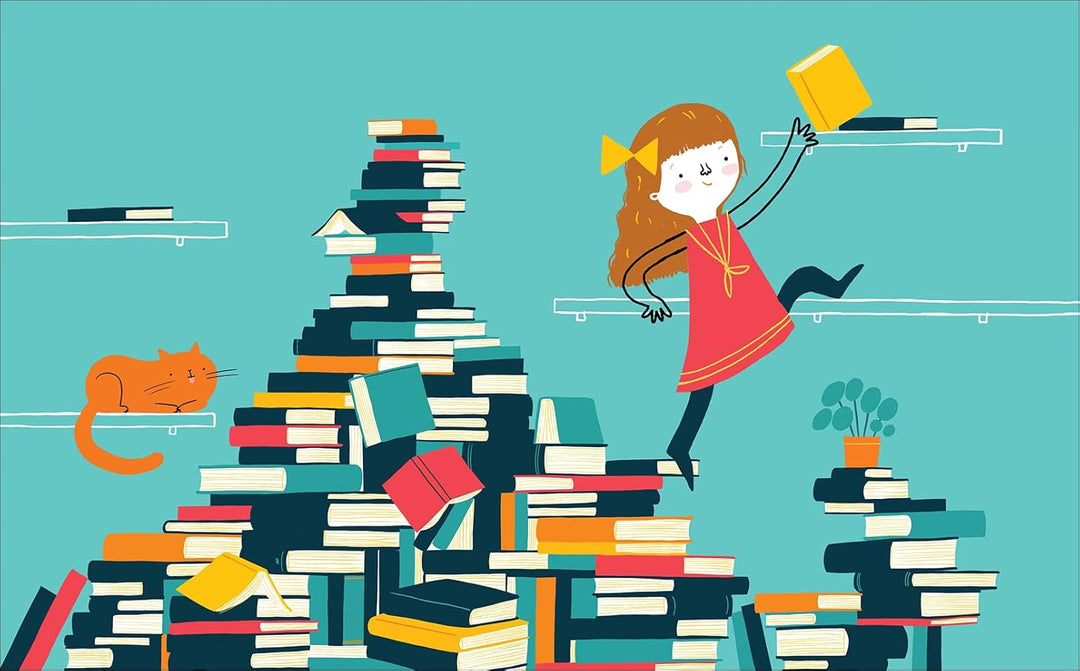 Die Illustration zeigt Astrid Lindgren auf einem großen Stapel Bücher. Auf einem der Regale liegt eine Katze.