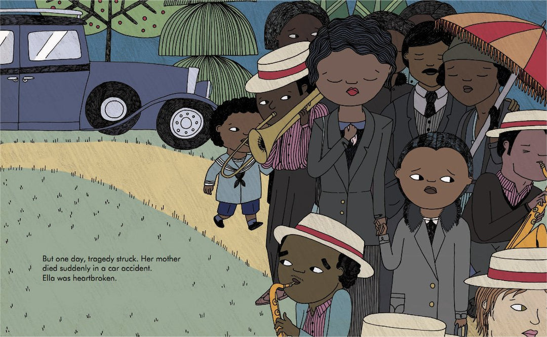 Seite aus der Ella Fitzgerald Biografie für Kinder. Die Illustration zeigt die Beerdigung von Ellas Mutter, die bei einem Unfall ums Leben kam.