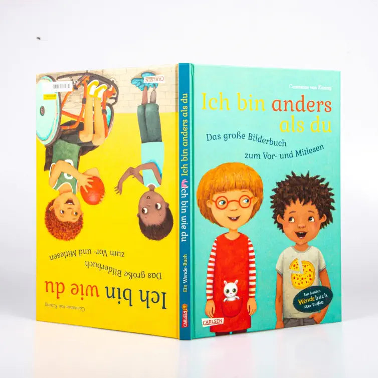 Das Buch "Ich bin anders als du – Ich bin wie du" mit aufgeschlagenem Cover, zeigt beide Seiten des Wendebuchs für Kinder.