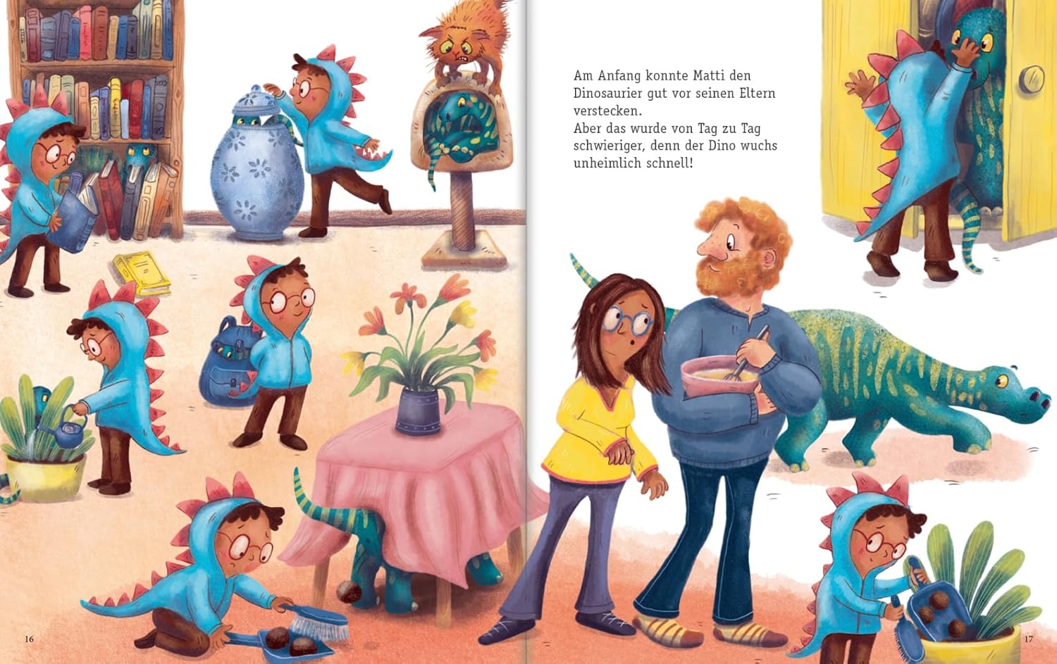 Doppelseite aus dem Kinderbuch "Der Recyclosaurus" zeigt ein Kind, das seinen Dinosaurier an verschiedenen Orten versteckt.