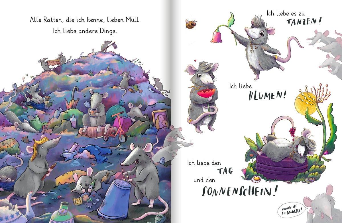 Die Illustrationen aus "Weil ich anders bin" zeigen links viele Ratten auf einem Müllhaufen. Rechts ist die Ratte Kwiik mit Blumen in der Hand zu sehen.