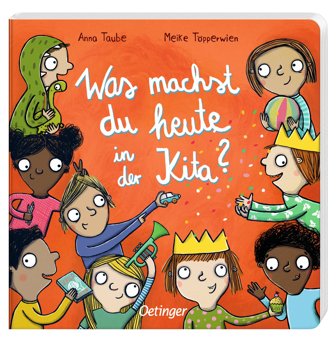 Cover des Kinderbuchs über Vielfalt "Was machst du heute in der Kita?" zeigt illustriert Kinder verschiedener Herkunft auf orangefarbenem Hintergrund.