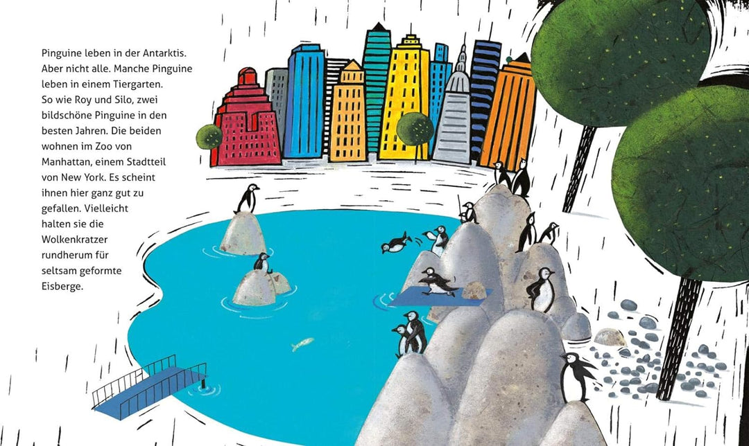 Seite aus dem Kinderbuch "Zwei Papas für Tango". Die Illustration zeigt Pinguine im Zoo, die im Wasser baden. Im Hintergrund sieht man Wolkenkratzer.