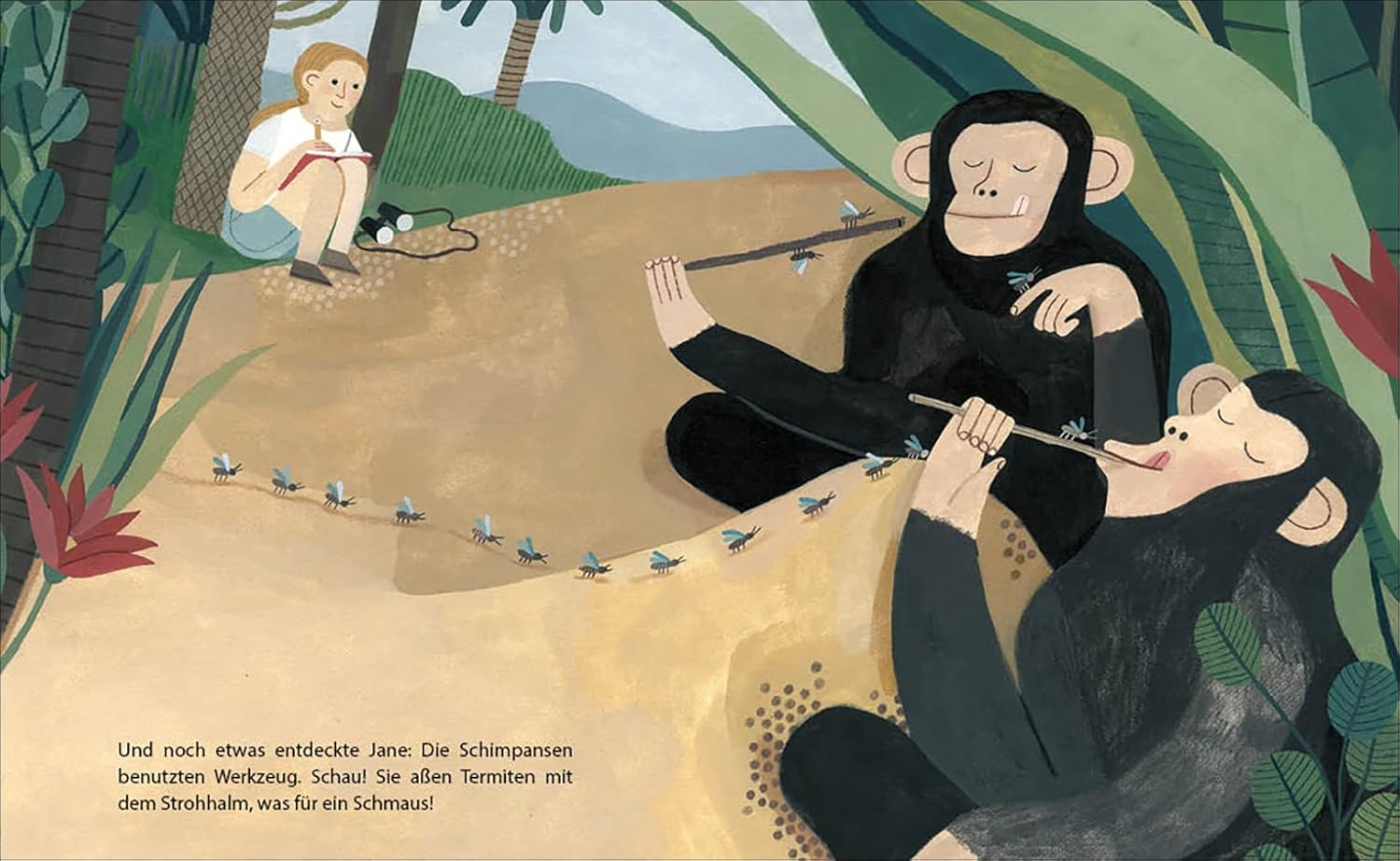 Jane Goodall sitzt im Wald und beobachtet Schimpansen. Die Szene zeigt ihre frühe Arbeit in der Natur.