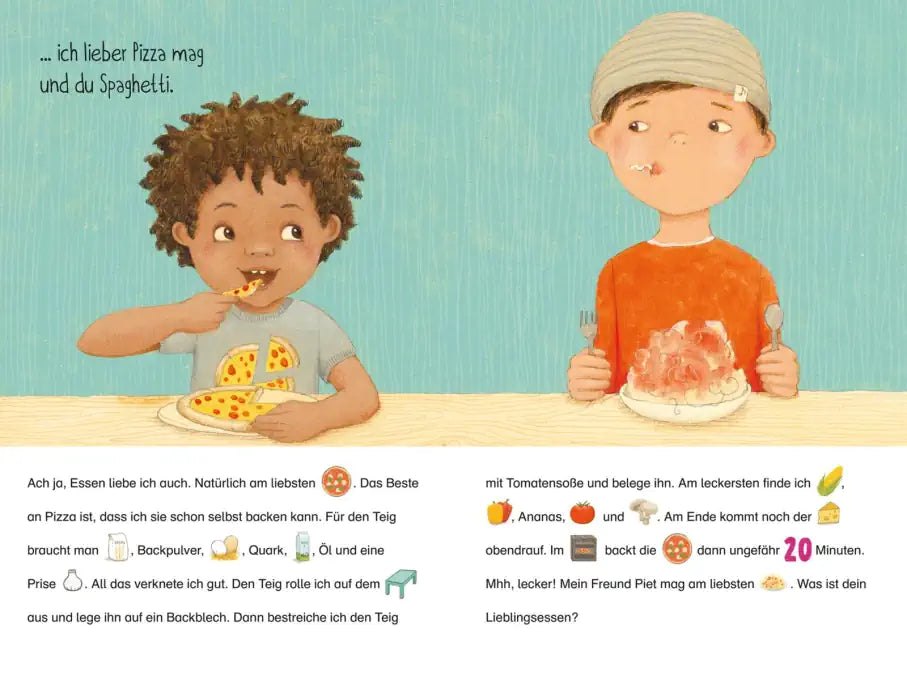 Die Illustration aus dem Buch "Ich bin anders als du" zeigt zwei Kinder, die Pizza und Spaghetti essen und sich gegenseitig die Zubereitung erklären.