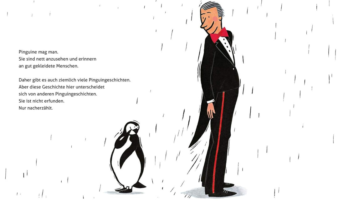 Illustration aus dem Kinderbuch "Zwei Papas für Tango" mit einem Pinguin und einem Mann im Frack. 